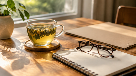 Tisch mit Kräutertee, Notizbuch, Brille und einer Mappe im Sonnenlicht