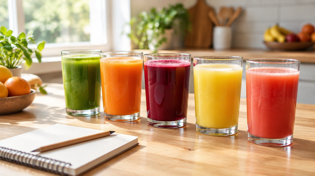 Several glasses of colourful fresh juice on a bright wooden table