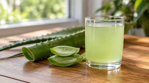 Glas hellgrüner Aloe-Vera-Saft mit aufgeschnittenem Aloe-Vera-Blatt auf einem Holztisch