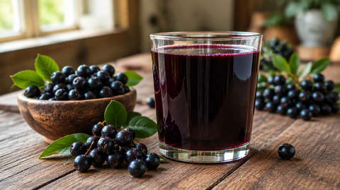 Glas dunkelvioletter Aroniasaft mit frischen Aroniabeeren auf einem Holztisch