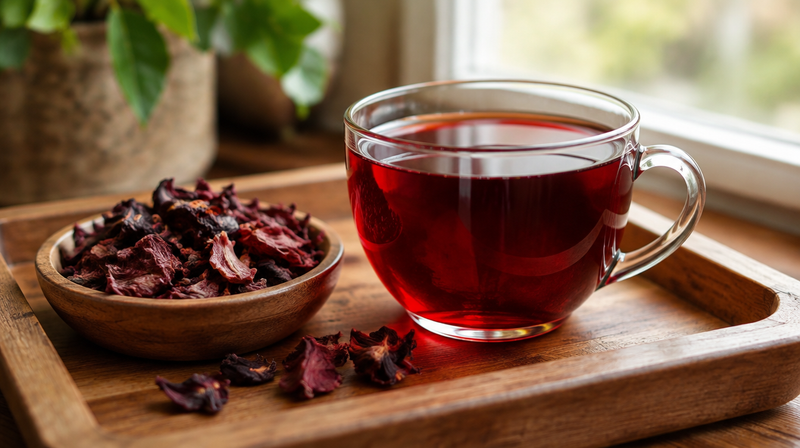 Glastasse roter Hibiskustee mit getrockneten Hibiskusblüten auf einem Holztablett