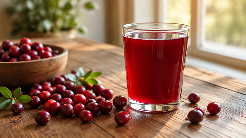 Glas roter Cranberrysaft mit frischen Cranberrys auf einem Holztisch