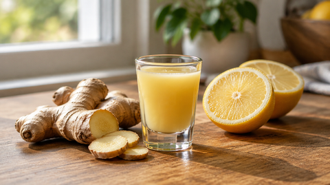Kleines Glas Ingwer-Shot mit frischer Ingwerwurzel und Zitronenhälften auf einem Küchentisch