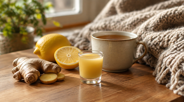 Ginger shot with ginger root and lemon, next to a cup of tea and a woollen blanket