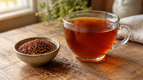 Tasse rotbrauner Rooibostee mit losem Rooibos in einer kleinen Schale auf einem Holztisch