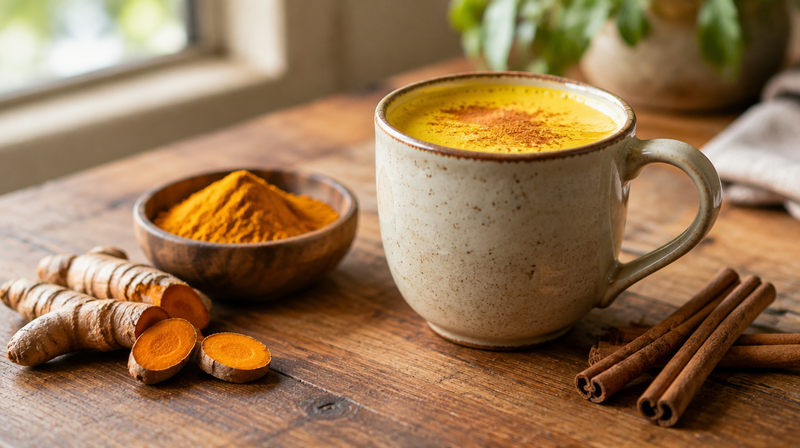 Tasse Goldene Milch mit Kurkumawurzel, Kurkumapulver und Zimtstangen auf einem Holztisch