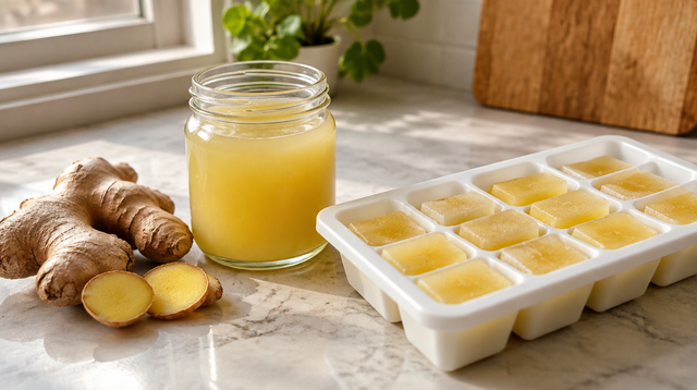 Eiswürfelform mit gefrorenem Ingwersaft, Glas und frischer Ingwerwurzel auf der Küchentheke