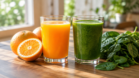 Zwei Gläser nebeneinander, links klarer Orangensaft, rechts ein dicker grüner Smoothie