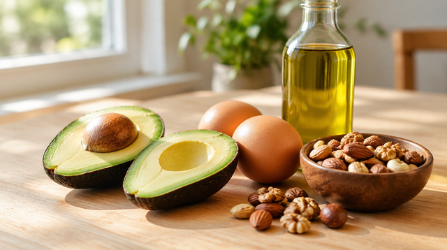 Avocadohälften, Eier, Olivenöl und Nüsse auf einem hellen Holztisch