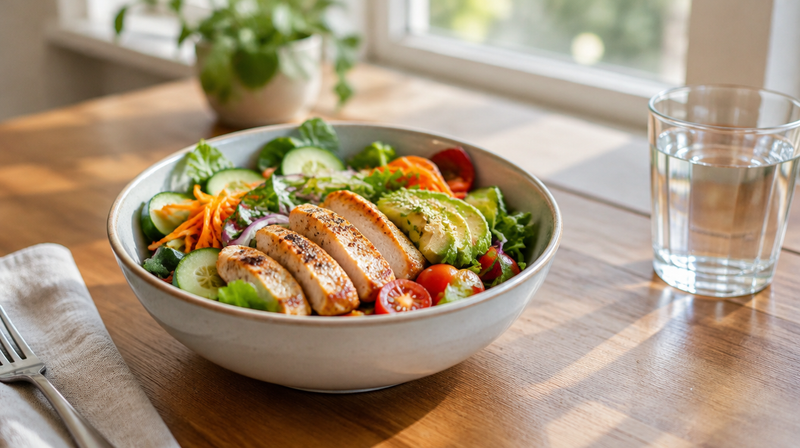 Leichte Mahlzeit: Salatschüssel mit Gemüse und Hähnchen, daneben ein Glas Wasser