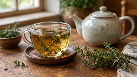 Tasse Thymiantee mit frischen Thymianzweigen und Teekanne auf einem Holztisch