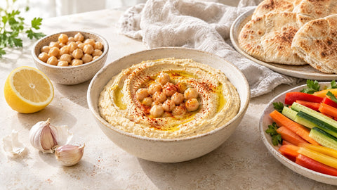 Selbstgemachter Hummus aus Kichererbsen mit Olivenöl und Paprika, Fladenbrot, Zitrone und Gemüsesticks