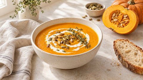 Schale cremige Kürbissuppe mit Sahne, Kürbiskernen und Thymian neben Brot