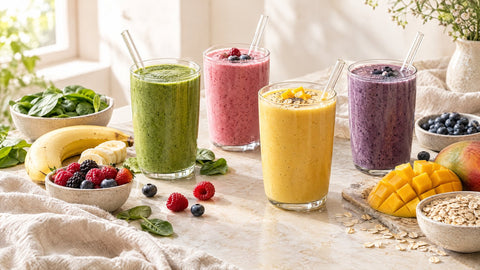 Vier bunte Smoothies, grün, rosa, gelb und lila, mit frischem Obst und Spinat