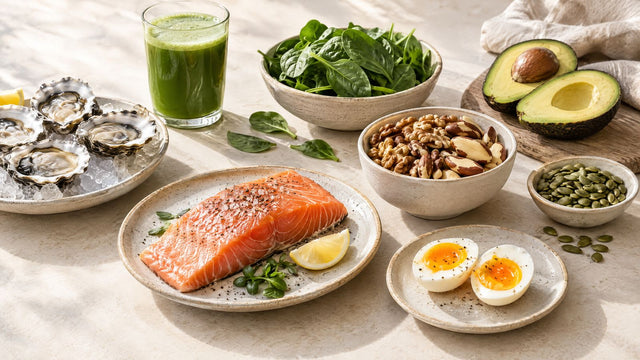 Lebensmittel für den Testosteronspiegel: Lachs, Eier, Nüsse, Kürbiskerne, Austern, Avocado und Spinat