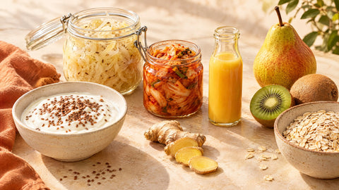 Lebensmittel für eine gesunde Verdauung: Joghurt mit Leinsamen, Sauerkraut, Kimchi, Ingwer, Birne, Kiwi und Haferflocken