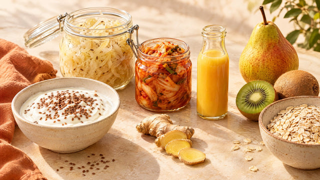 Foods for healthy digestion: yoghurt with flaxseed, sauerkraut, kimchi, ginger, pear, kiwi and oats