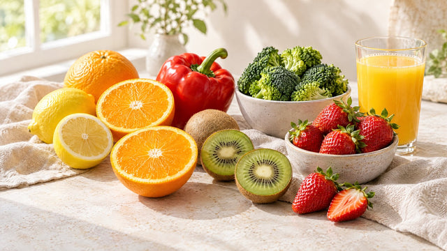 Vitamin C-rich foods: oranges, lemon, kiwi, red peppers, strawberries, broccoli and fresh orange juice