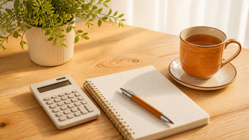 Taschenrechner, Notizbuch, Stift und Tasse Tee auf einem hellen Holztisch