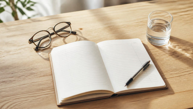 Open notebook with pen, glasses and glass of water on a wooden table