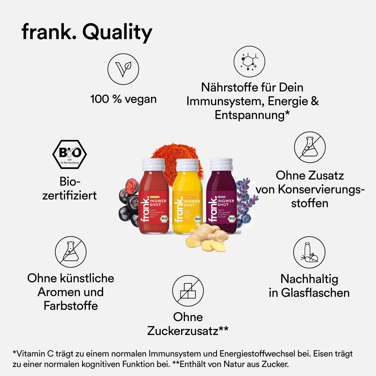 Qualitätsmerkmale der frank Bio Ingwershots wie vegan, bio und ohne Zuckerzusatz