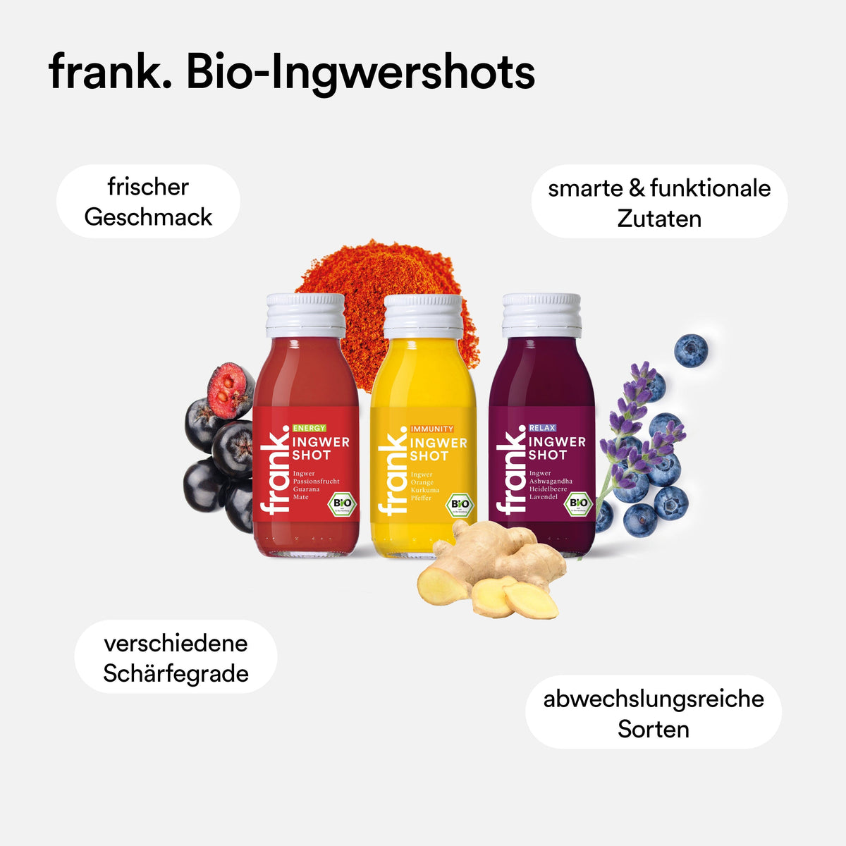 Übersicht der frank Bio Ingwershots mit frischem Geschmack und verschiedenen Schärfegraden