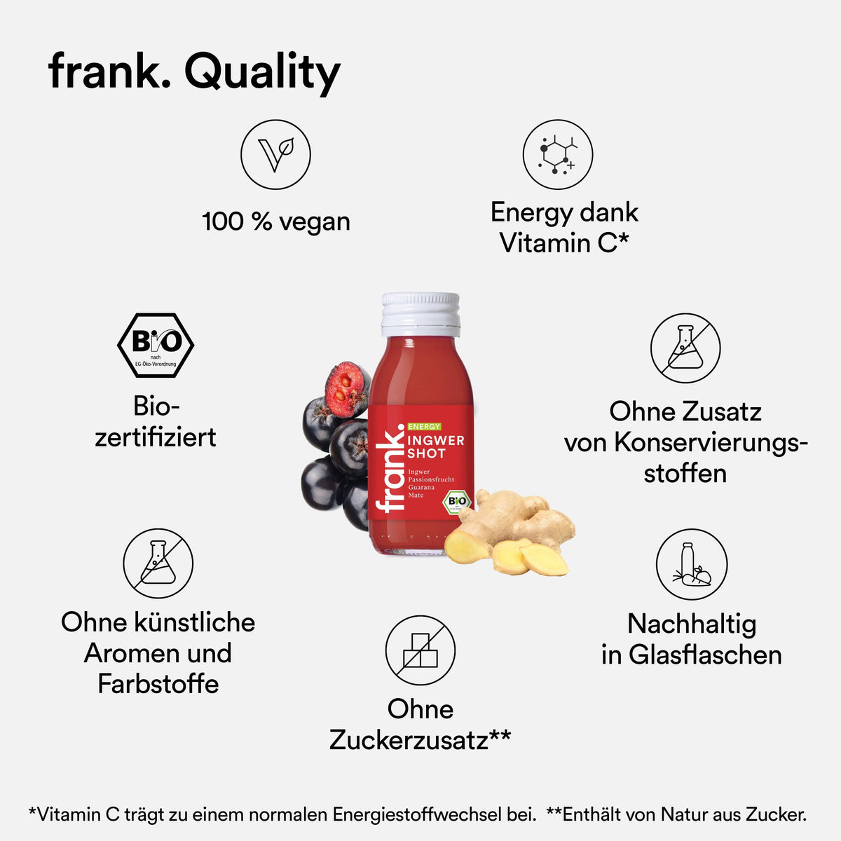Qualitätsmerkmale des frank Bio Ingwer Shots Energy wie vegan und ohne Zuckerzusatz