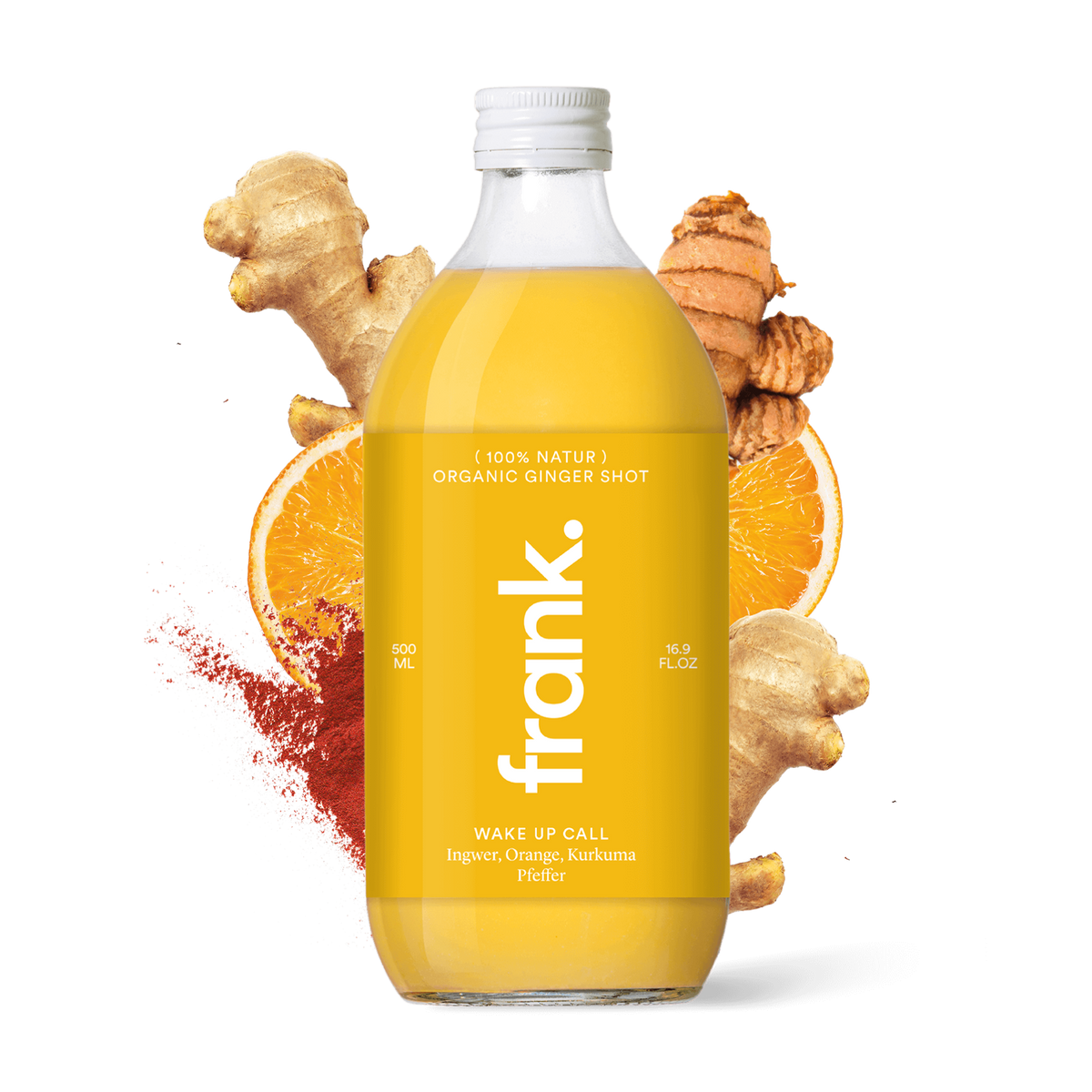 Frank Bio Ingwer Shot Wake Up Call 500 Milliliter Flasche mit Orange und Ingwer