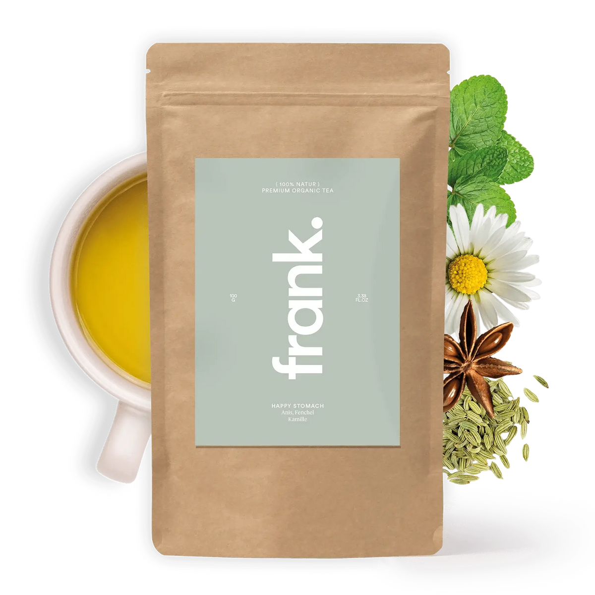 Beutel Happy Stomach Tee von frank mit Tasse und Kamillenblüten