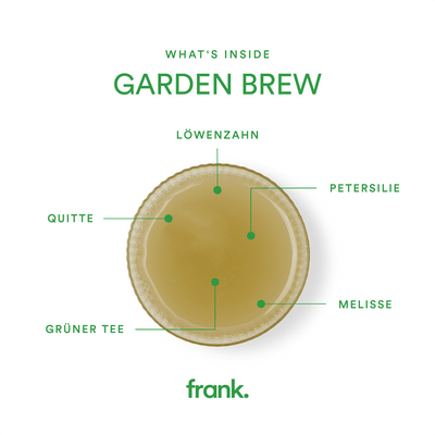 Darstellung des Juice Garden Brew von frank. mit grünem Tee, Quitte, Petersilie, Melisse und Löwenzahn in einem Glas