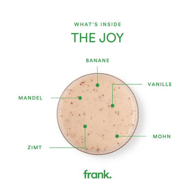 Darstellung des Saft The Joy mit Banane, Mohn, Marzipan, Vanille, Zimt und Agave in einem Glas von frank
