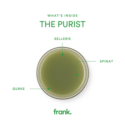 Darstellung des Saft The Purist mit Gurke, Sellerie und Spinat in einem Glas von frank