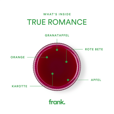 Darstellung des Saft True Romance mit Apfel, Karotte, Rote Beete, Granatapfel und Ingwer in einem Glas von frank