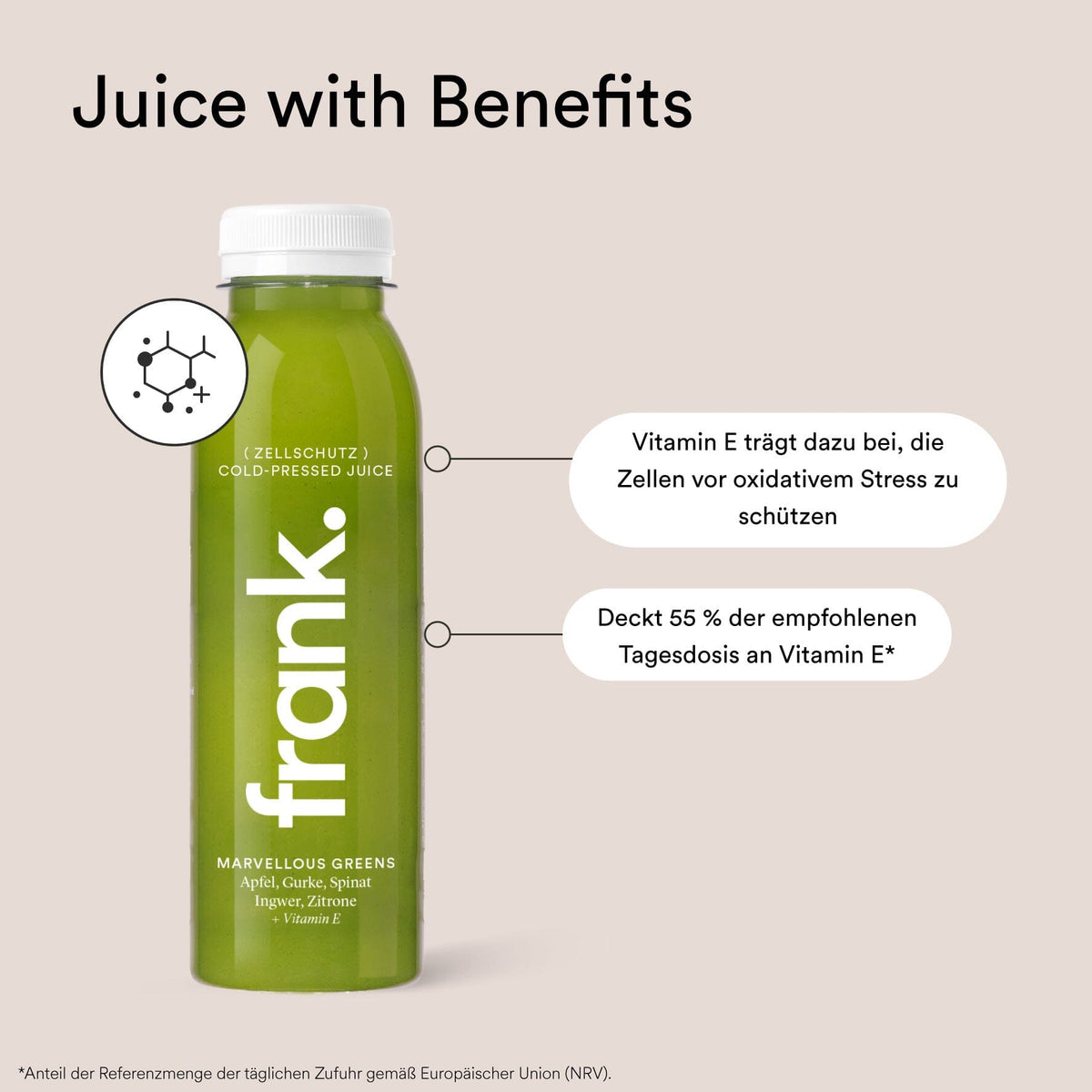 Infografik zur Saftflasche Marvellous Greens mit Vitamin E und Vitamin B6