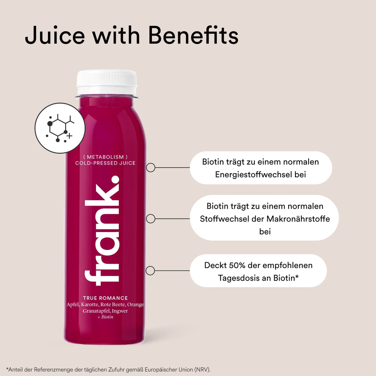 Infografik zur Saftflasche True Romance mit Biotin