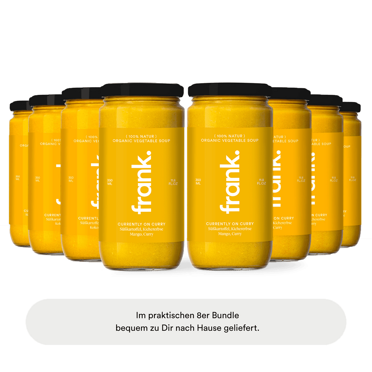 Darstellung der bio Soup-Box Currently on Curry mit Süßkartoffel, Kichererbse, Kokos und Curry bestehend aus 8 Suppen von frank