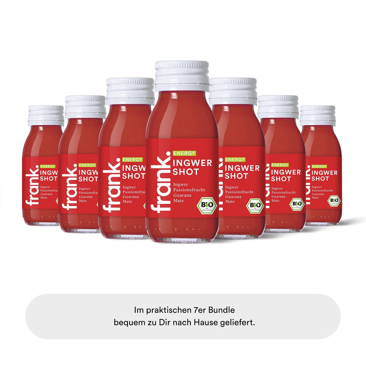 Sieben Bio Ingwer Shots Energy von frank als Bundle in einer Reihe