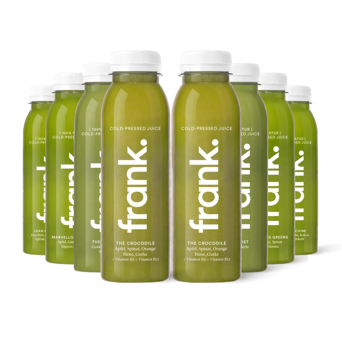 Acht grüne Säfte von frank als Green Juice Bundle in einer Reihe