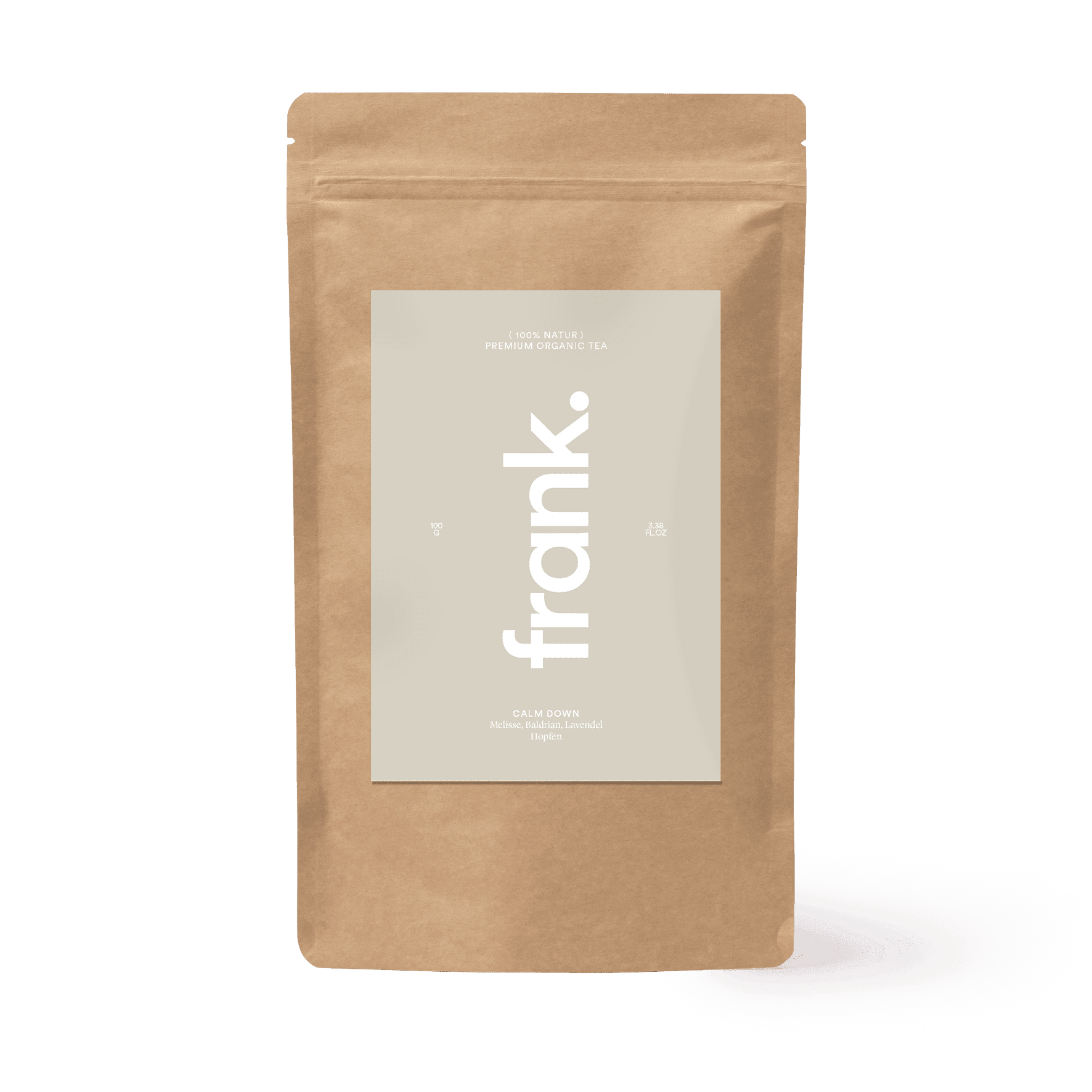 Darstellung des bio Tee Calm Down mit Melisse, Baldrian, Lavendel und Hopfen von frank
