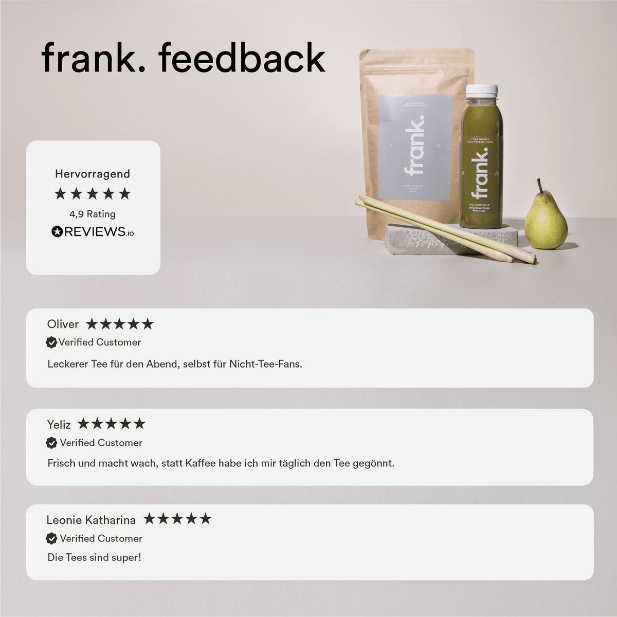 Feedback zu den bio Tees von frank. mit einer Bewertung von 4,9 von 5.