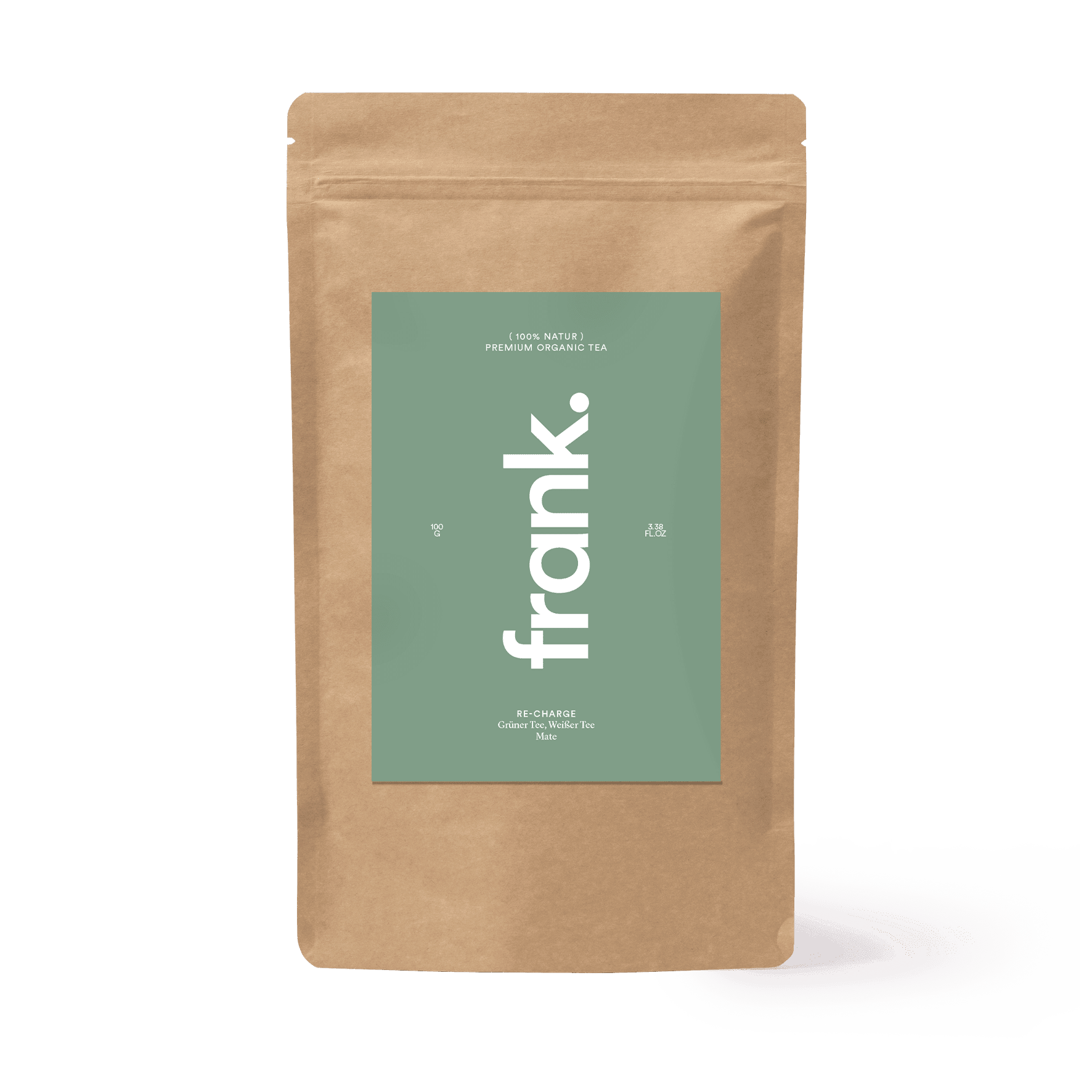 Darstellung des bio Tee Re-Charge mit grünem Tee, weißem Tee und Mate von frank