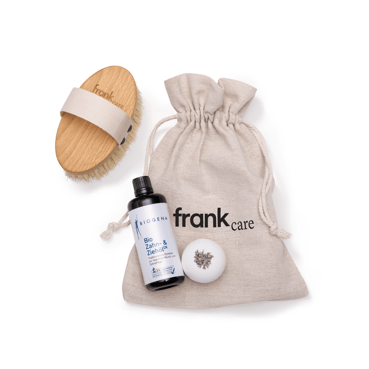 Das frank Care Bundle mit Trockenbürste, Bio Zahn- und Ziehöl, Badekugel und Bundle Säckchen von frank.
