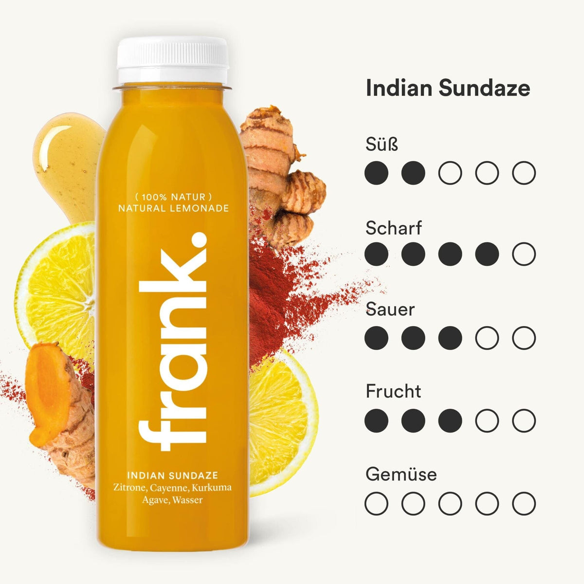 The Indian Sundaze juice from frank. with lemon, cayenne, turmeric and agave
