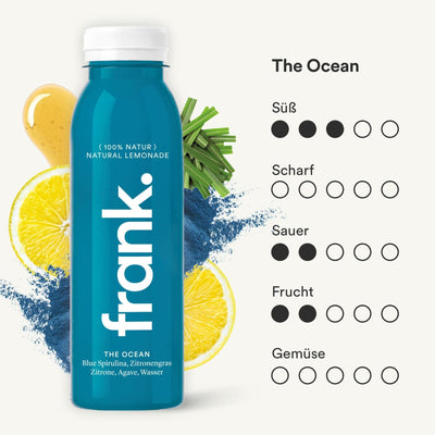 Der Saft The Ocean von frank. mit Blue Spirulina, Zitronengras, Zitrone, Agave und Wasser