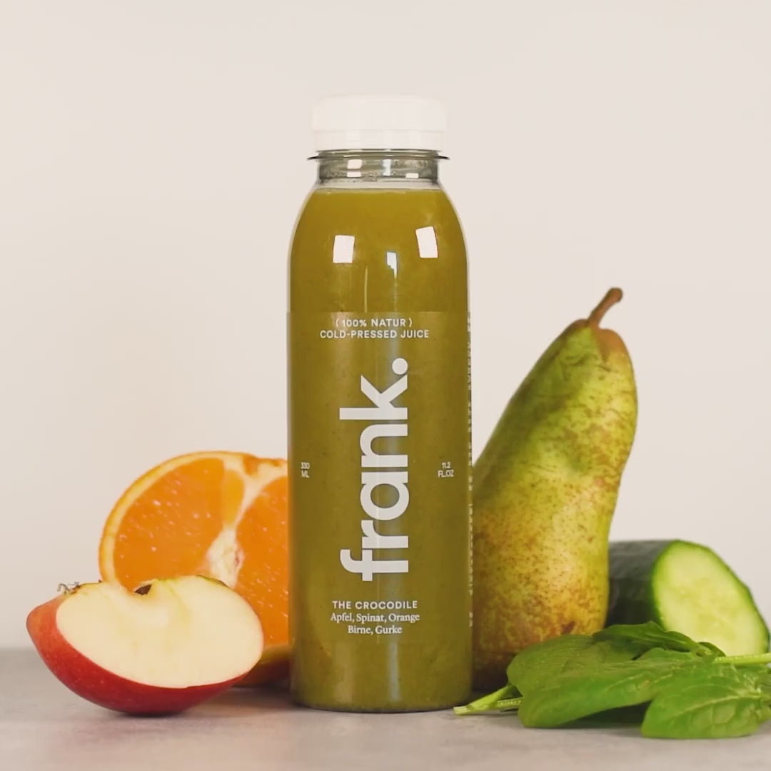 Darstellung des Juice The Crocodile von frank. mit Spinat, Orange, Apfel, Birne und Gurke