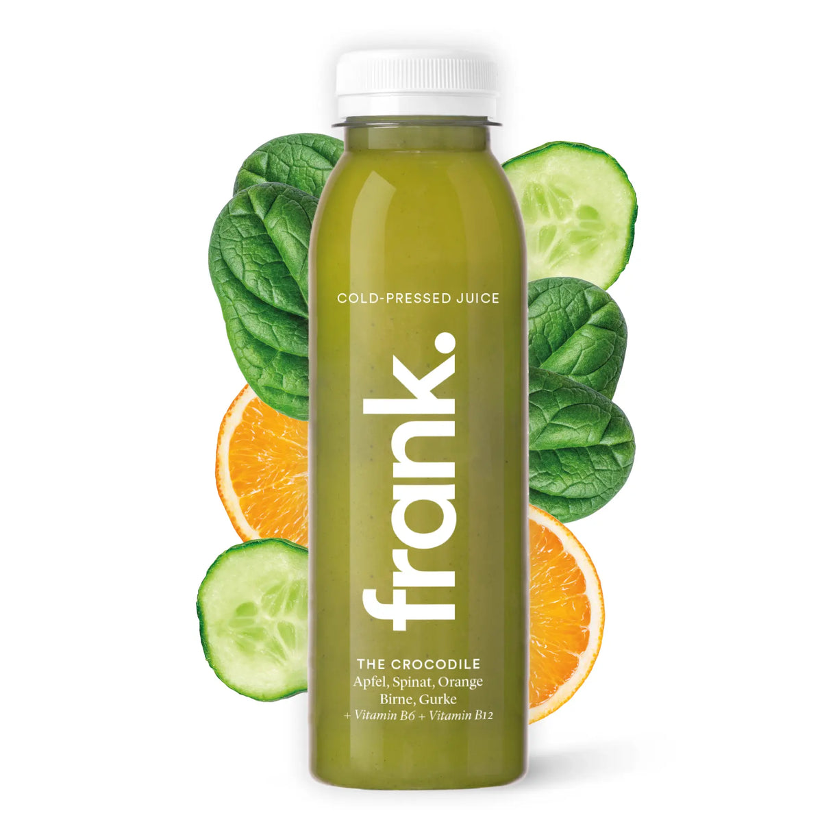 Saftflasche The Crocodile von frank mit Spinat, Gurke, Orange und Apfel