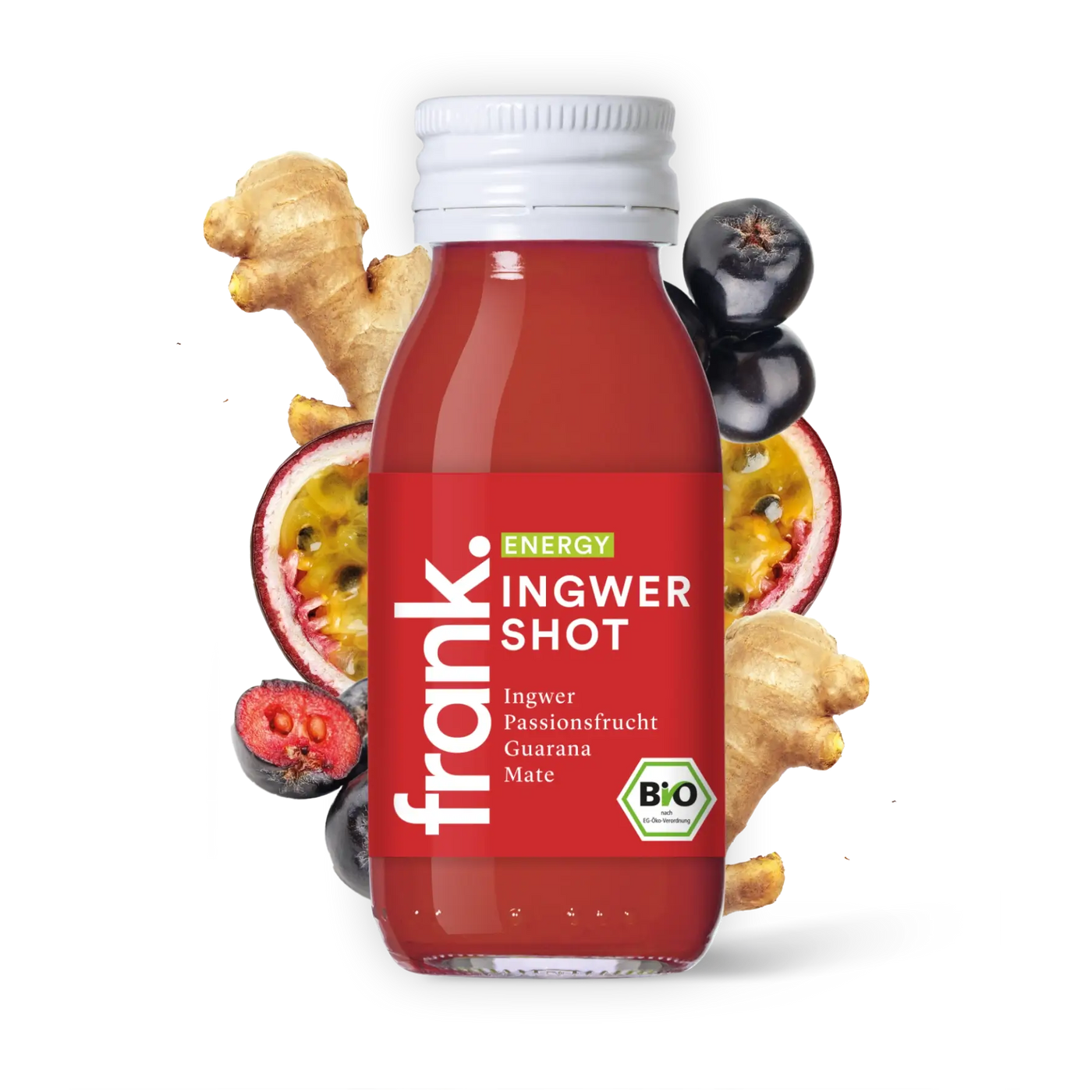 Organic ginger guarana shot with acerola pulp bottled in glass | frank
