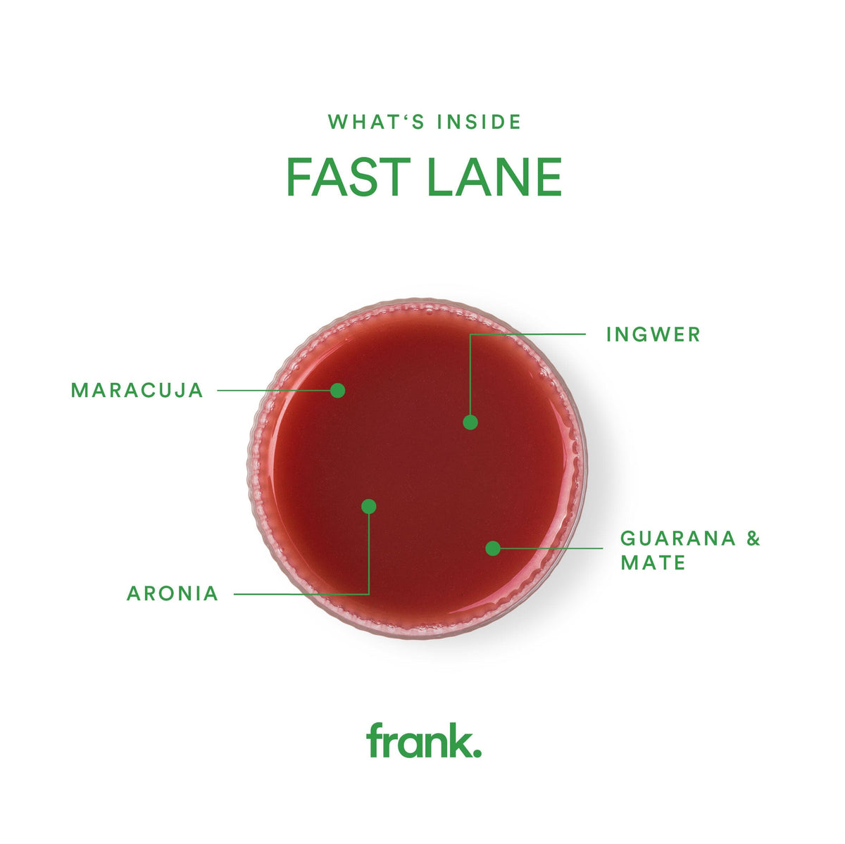 Darstellung des Ingwershot Fast Lane mit Ingwer, Guarana Mate, Aronia, Passionsfrucht und Orange von frank. in einem Glas.