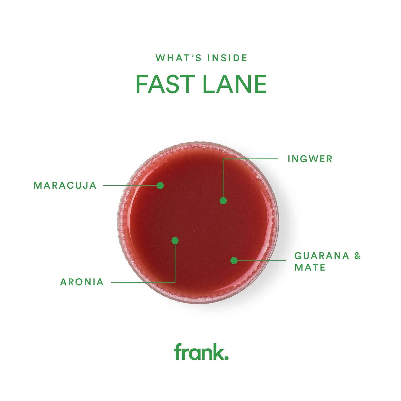Darstellung des Ingwershot Fast Lane mit Ingwer, Guarana Mate, Aronia, Passionsfrucht und Orange von frank. in einem Glas.