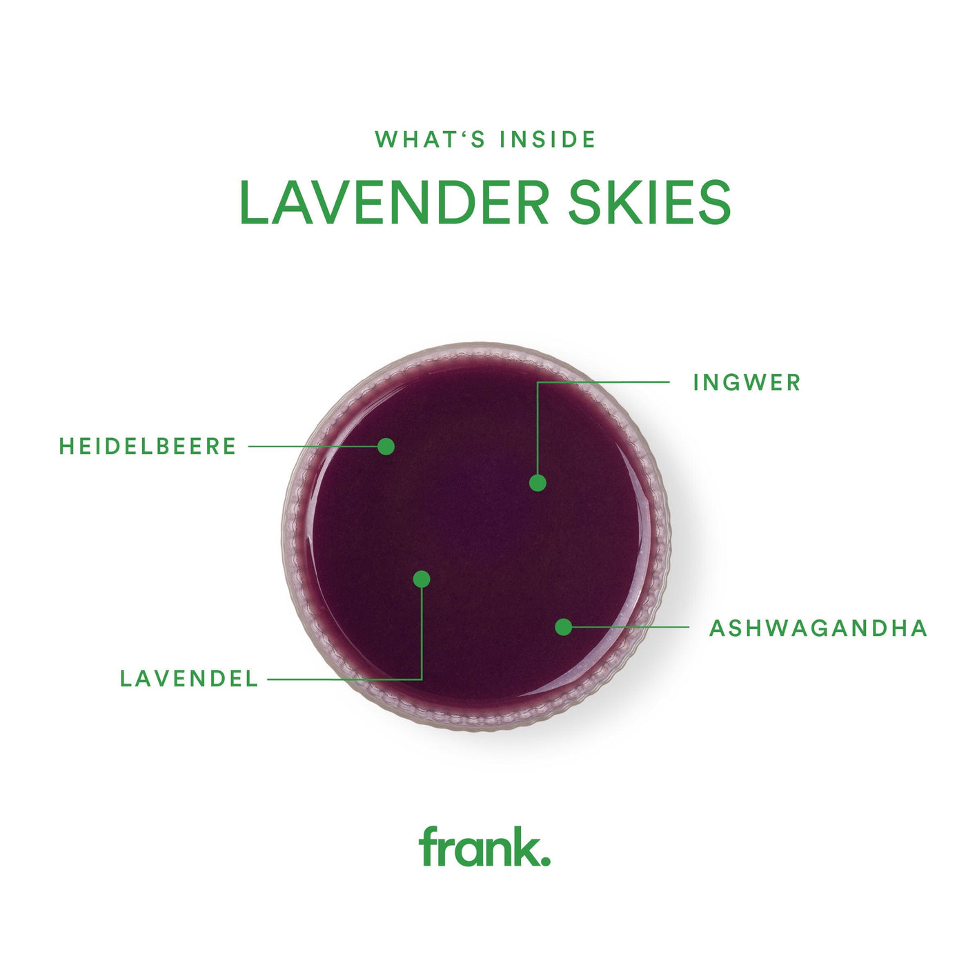 Darstellung des Ingwershots Lavender Skies mit Ingwer, Lavendel, Heidelbeere, Ashwagandha und Apfel von frank in einem Glas